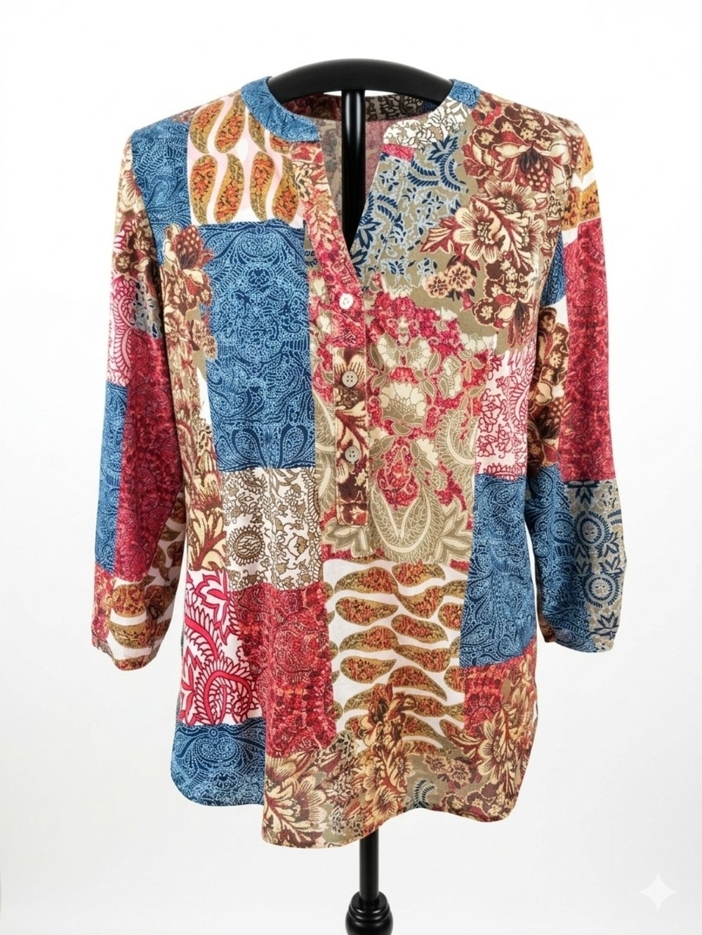 Allison Daley Patchwork Henley Tunic - Blue, Red & Brown